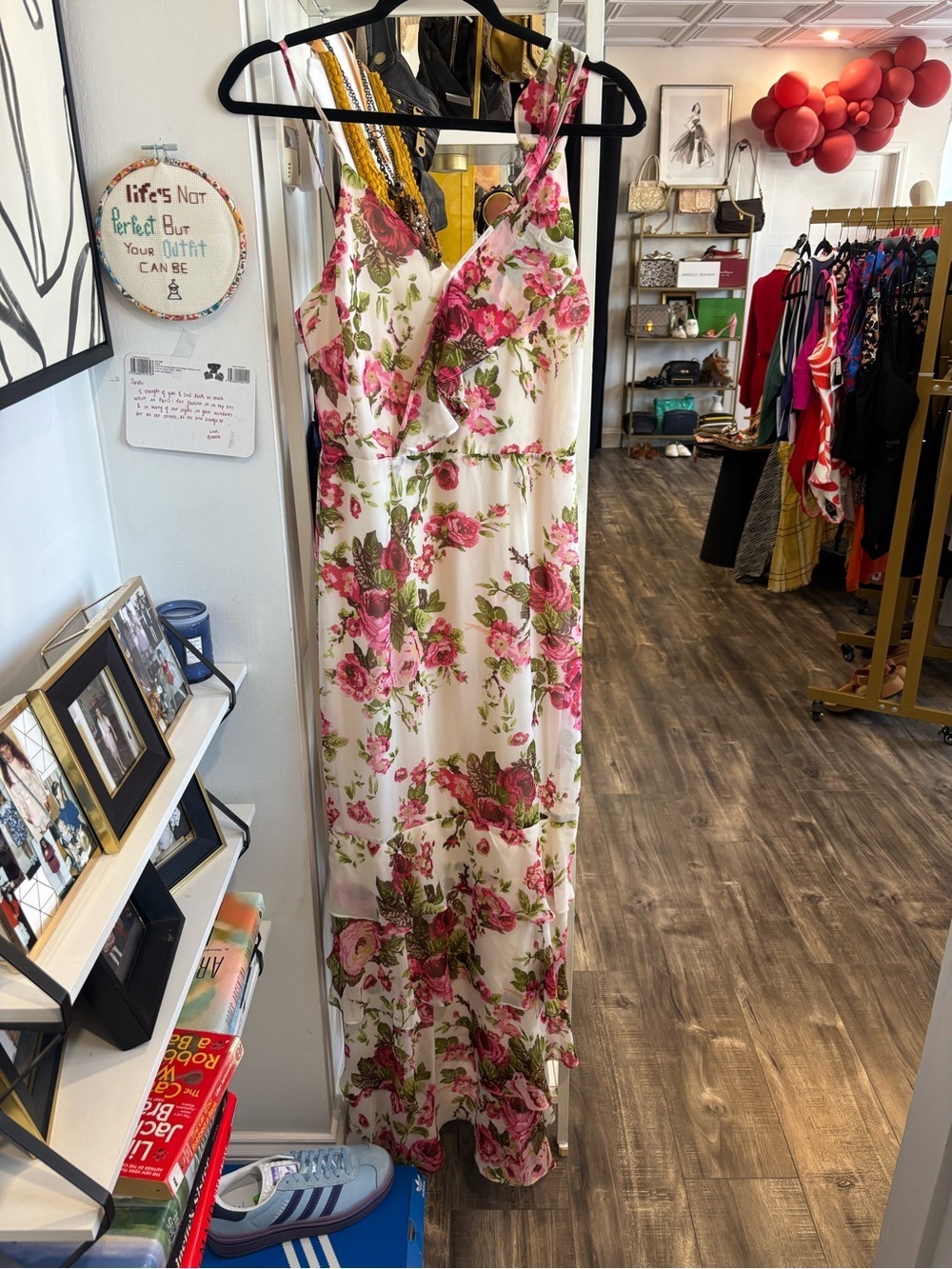 Betsey Johnson Cream Maxi Dress with Pink Floral Print